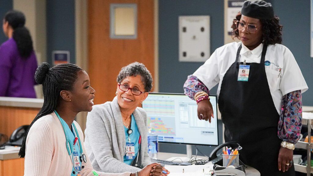 Folake Olowofoyeku as Abishola, Vernee Watson as Gloria, Gina Yashere as Kemi, Bob Hearts Abishola, #BobHeartsAbishola